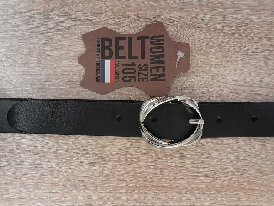 Skórzany pasek damski z Holandii, czarny_gładki_105 cm_ kl. srebrna