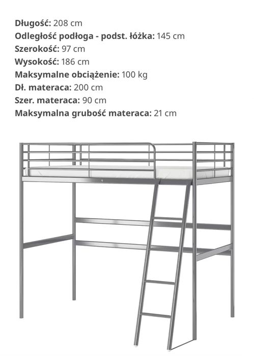 SVÄRTA Rama łóżka na antresoli, srebrny, 90x200 cm