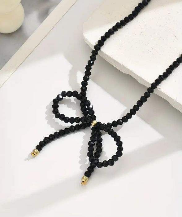 Choker naszyjnik koraliki kokarda złote Czarne