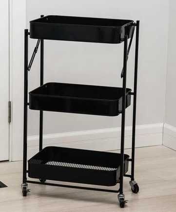 Этажерка на 3 корзины, металлическая, складывающаяся на колесах.