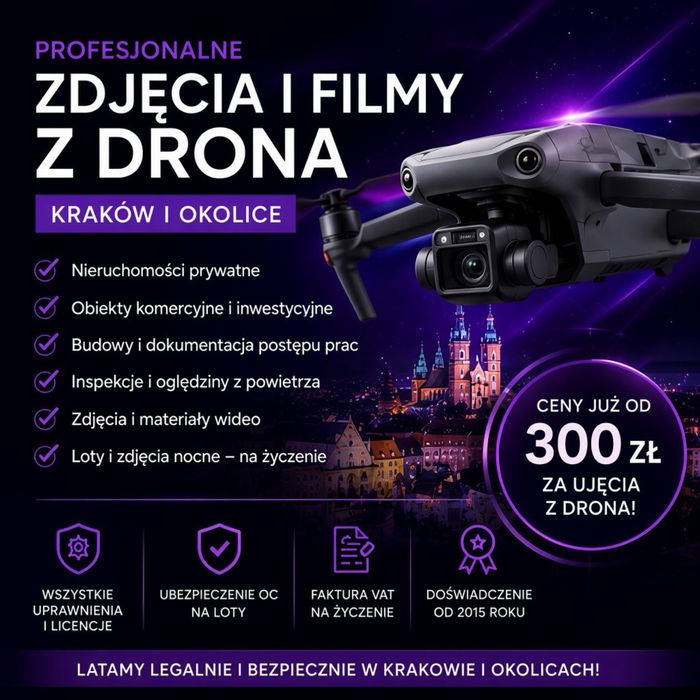 Profesjonalne zdjęcia i filmy z drona w Krakowie i okolicach – nieruchomości, firmy, inwestycje i inspekcje już od 300 zł!