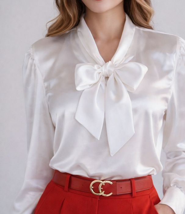 Bluzka koszula elegancka biała satynowa Nowa z kokardą