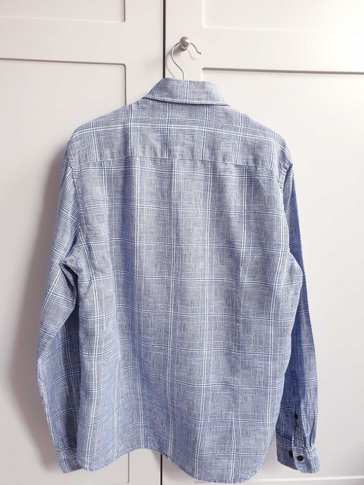 Lniana koszula męska w kratę 100% len Manor S M kołnierzyk 39/40