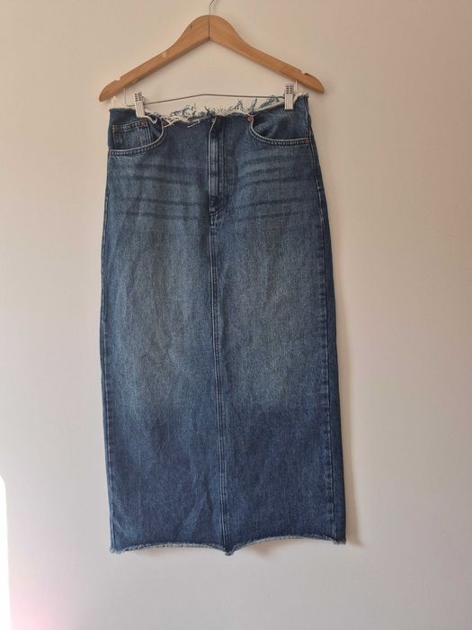Długa spódnica jeansowa Pull&Bear spódnica maxi  niebieska retro