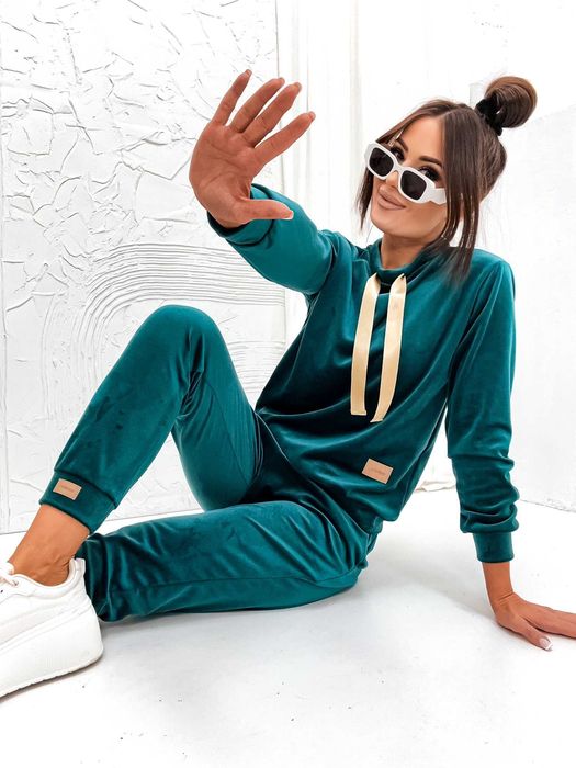 Śliczny dres damski welurowy premium - butelkowa zieleń S