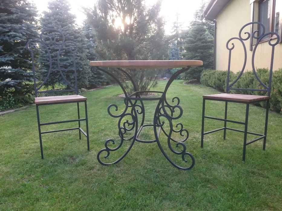 Stół ogrodowy z 6 krzesłami, stalowy kuty z blatem i siedziskami dębowymi