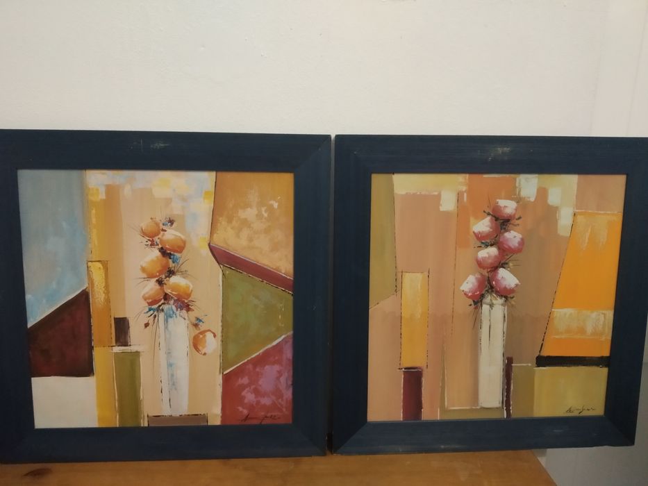Conjunto 2 quadros, tema floral, pintados sob madeira