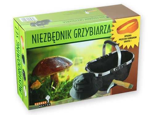 NIEZBĘDNIK GRZYBIARZA ZESTAW nóż koszyk czapka opaska przeciwkomarowa