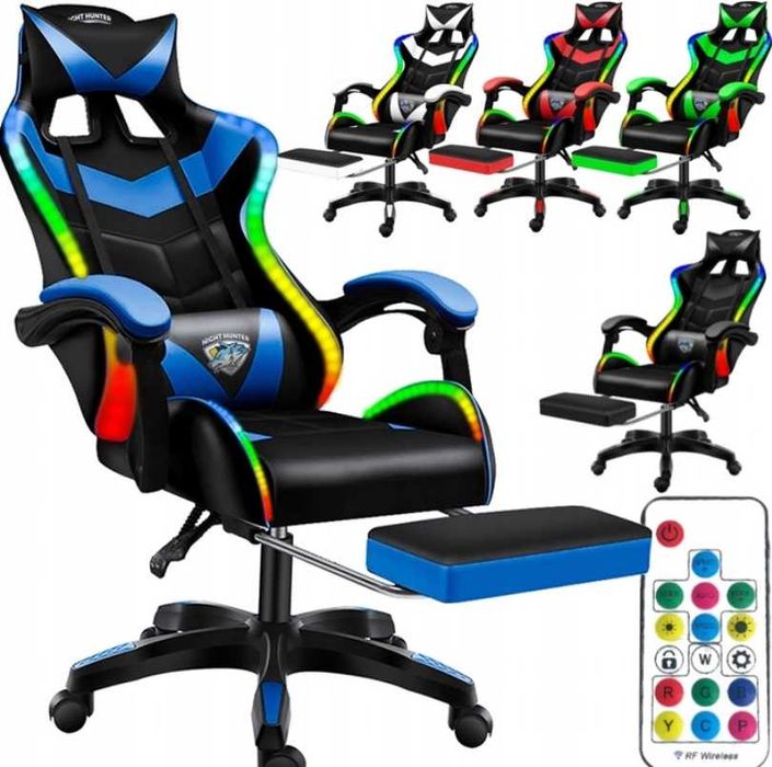 NOWY Fotel LED Z Masażem Pleców Gaming Komputerowy Obrotowy+podnóżek!