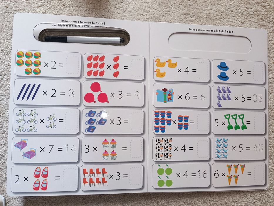 Livro escreve e apaga, contas de multiplicar