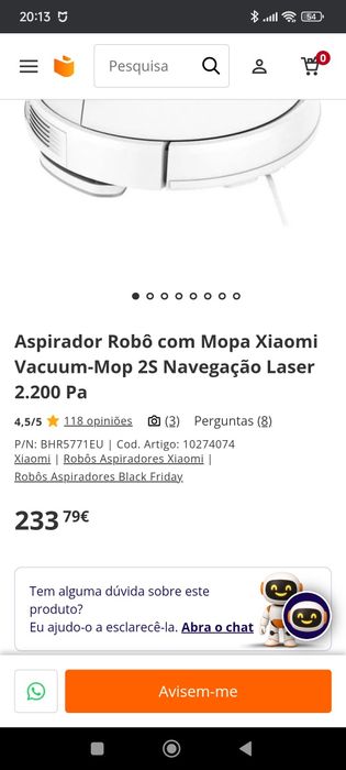 Aspirador Xiaomi Vacuum-Mop 2S
Aspirador Robô com Mopa Xiaomi Vacuum-M