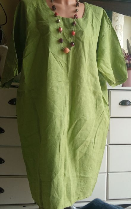 Lniana sukienka tunika 100% len 140cm pachy limonka 50 52