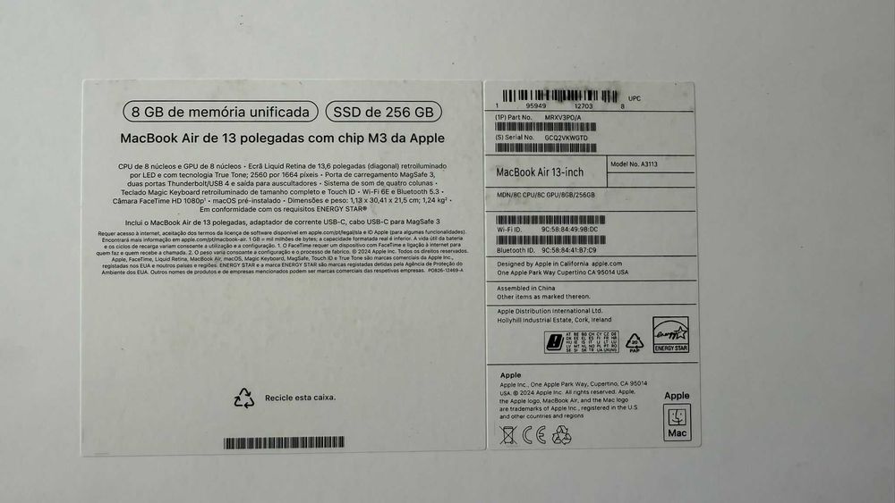 SELADO E FATURA - M3 MacBook Air 2024
