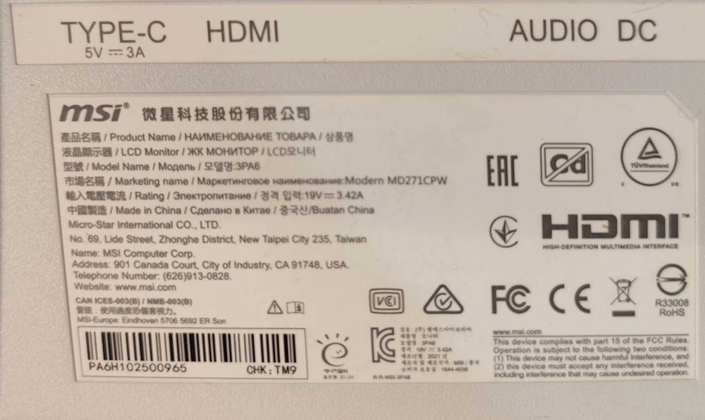 monitor msi modle md271cpw