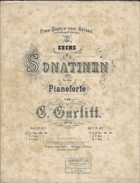 PIANO: Partitura de Coleção: C. Gurlitt Op.54 Nº 1 - Ed. Aug. Cranz - Carimbo Lambertini
