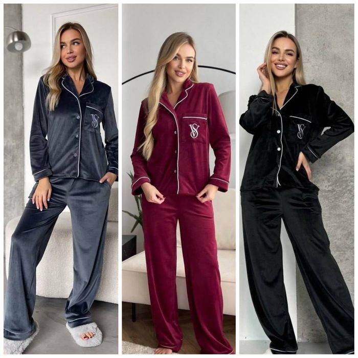 Піжама жіноча велюрова штани палацо і сорочка з білим кантом .42,46,50