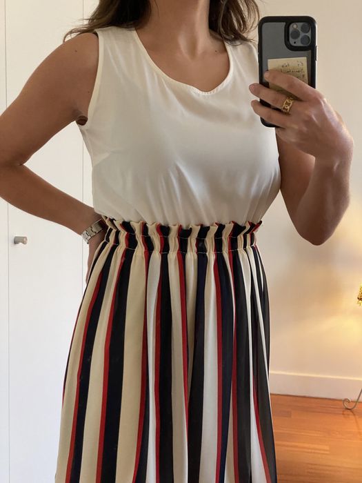 Belted Dress with Colorful Pleated Skirt