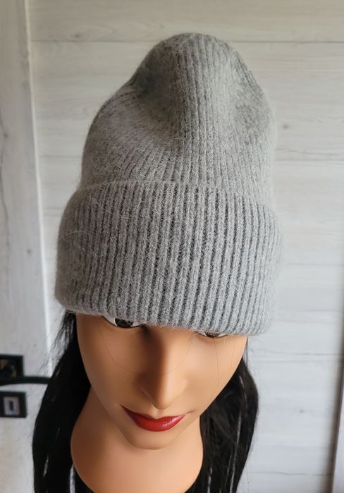 Ciepła czapka z angorą beanie jasnoszara