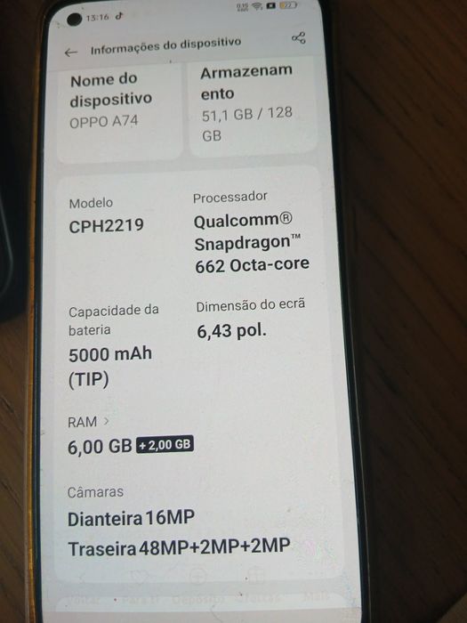 OPPO A74 128GB / 6GB RAM – Bom estado