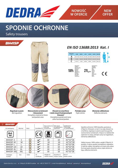 NOWE Spodnie BHP robocze  DEDRA 100% bawełna, Cotton line 270g/m2 XL