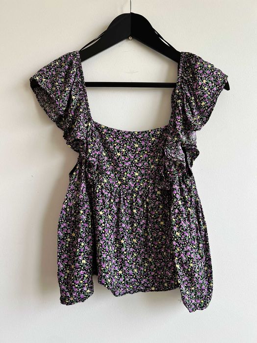 Sweewe romantyczny top koszulka damska w kwiatki falbanki wiskoza M L