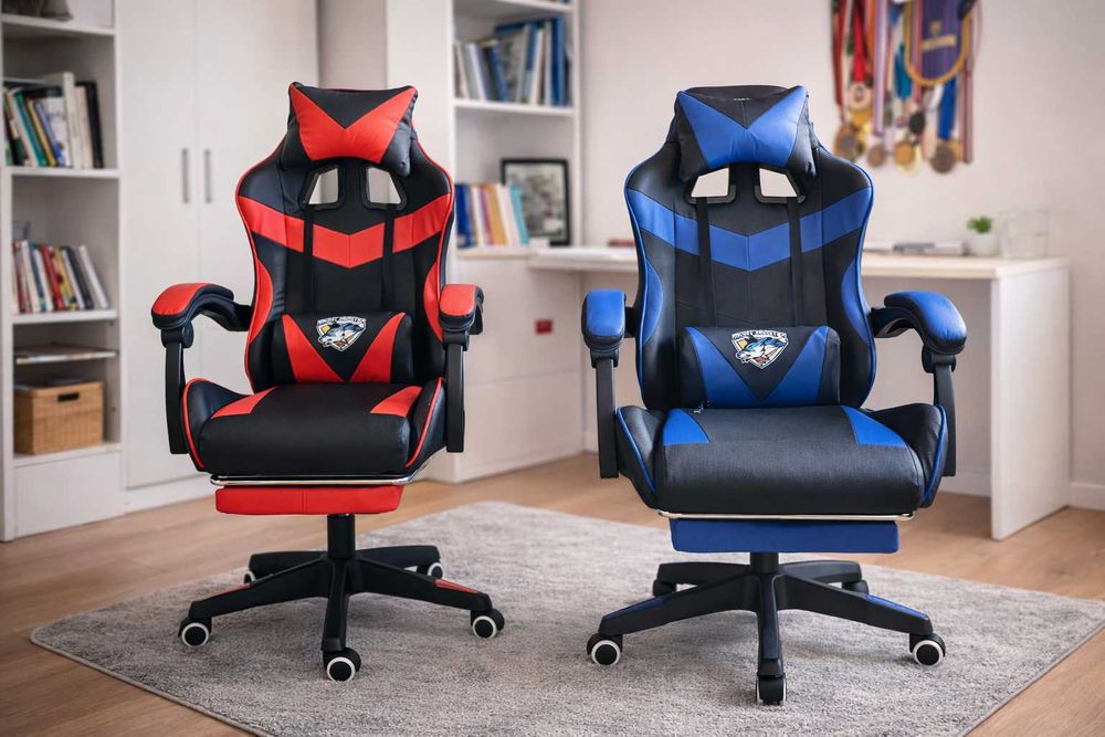 NOWY Fotel Gamingowy Z Masażem Podnóżkiem Ergonomiczny Obrotowy Kubełkowy Dla Gracza Biurowy Regulowany Wygodny Do Komputera Czerwony Niebieski