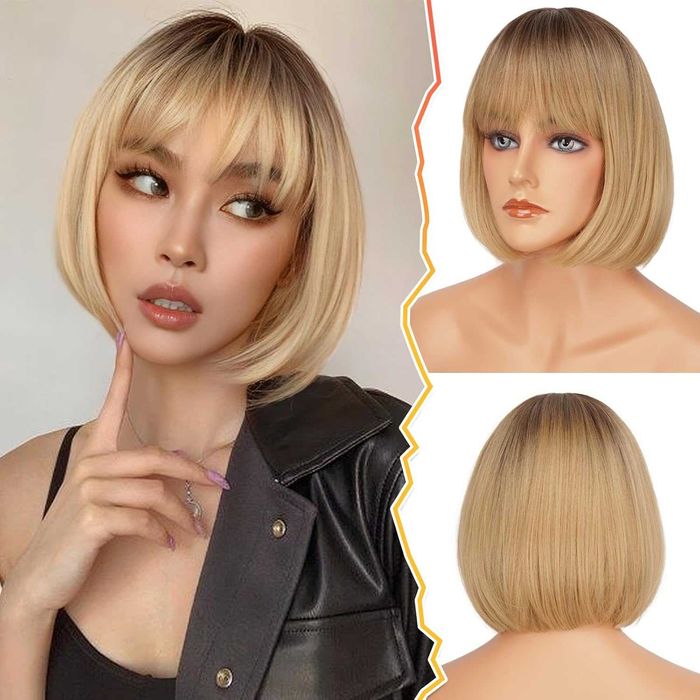 BARSDAR Peruka Blond Ombre Bob z Grzywką 30 cm