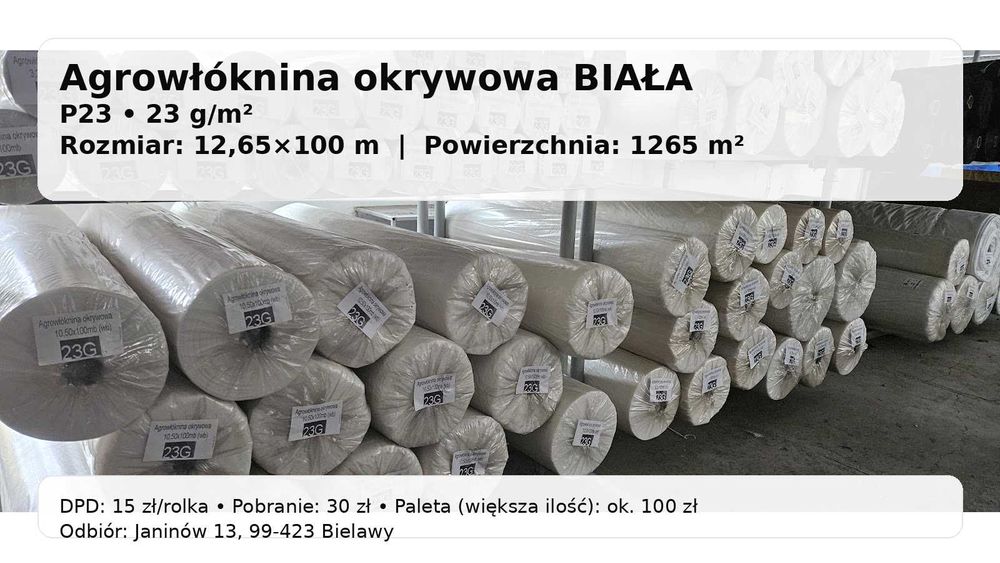 Agrowłóknina biała okrywowa P23 23g – 12,65×100m (1265 m²) hurt