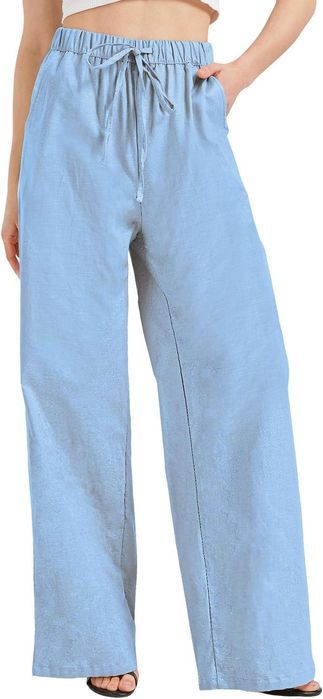Spodnie Damskie Lniane Wide Leg Bawełna Len XL Niebieskie