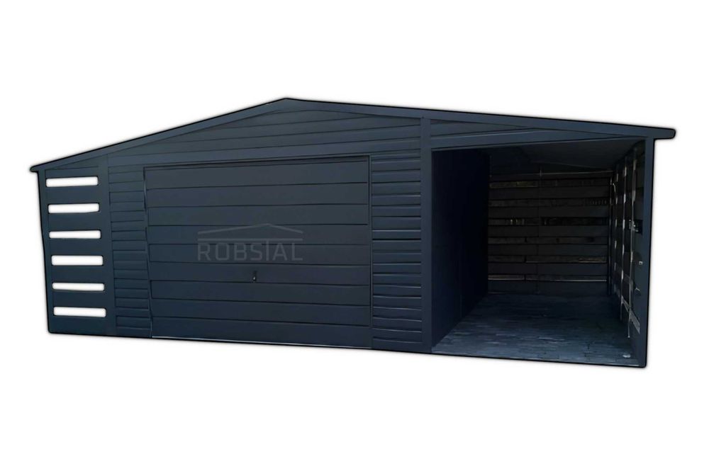 Garaż Blaszany z wiatką 7x5m ciemny grafit MAT