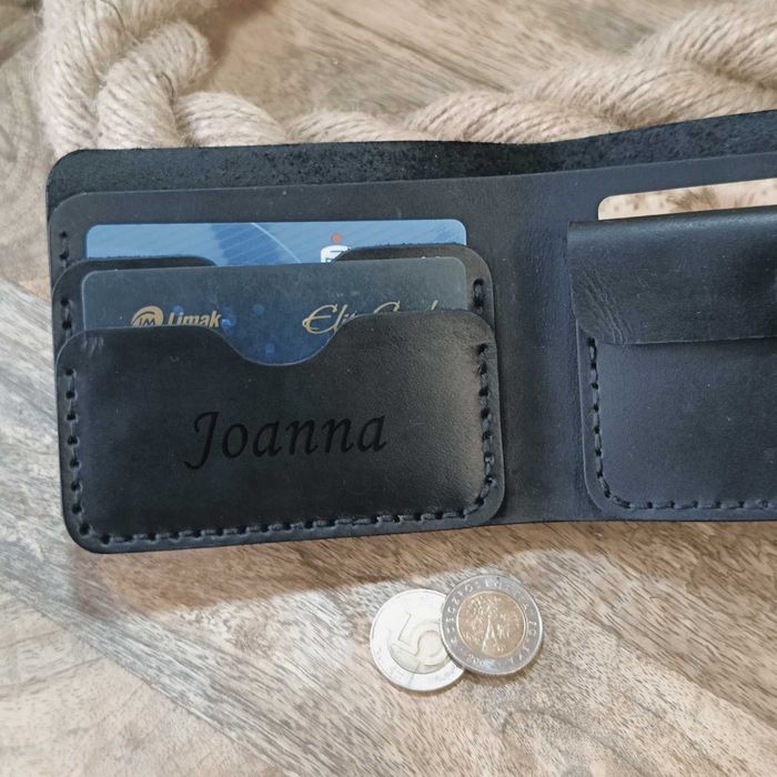 Portfel męski skórzany na karty na banknoty na monety czarny handmade