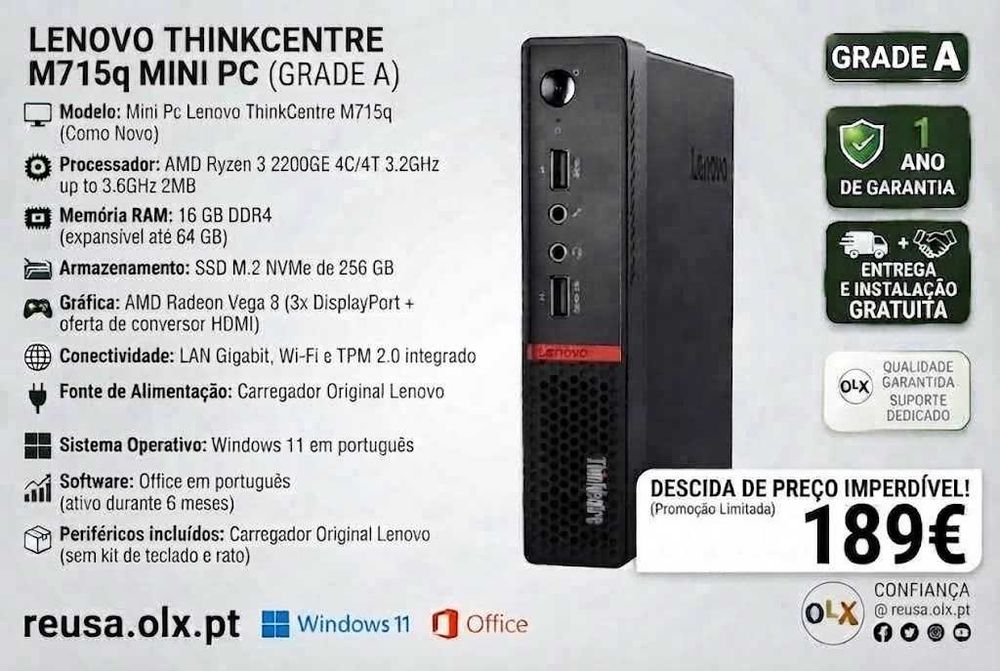 Mini PC ThinkCentre M715q | AMD Ryzen 3 | 16GB DDR4 | NVMe 256GB | WiFi | W11