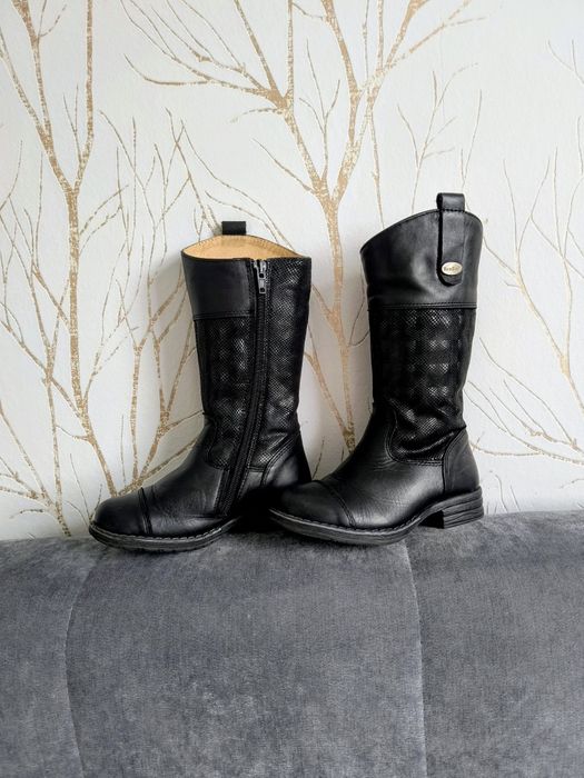 Dziewczęce zimowe skórzane kozaki z wełną RENBUT, stan BDB, rozm. 28