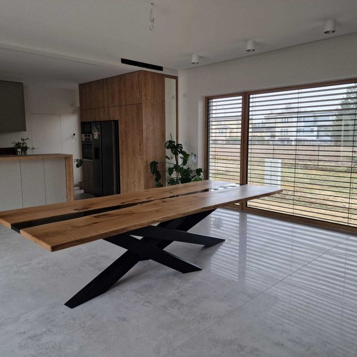 Stół dębowy noga X metalowa od stolarza pod wymiar żywica rozkładany pod wymiar Epoxy River Table
