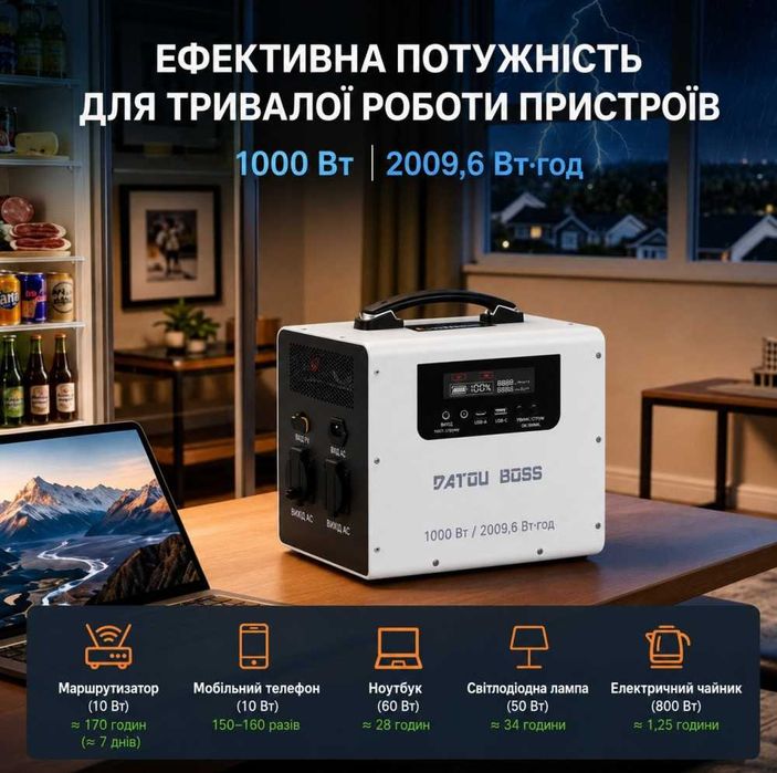 Акція‼️Портативна Зарядна станція Datou Boss JC-1020 2009.6 Вт·год LiFePO4 | Потужність 1000 Вт | Чиста синусоїда | UPS ‼️