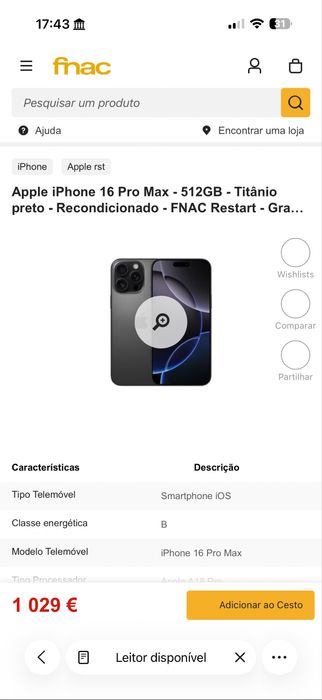 iPhone 16 Pro Max Preto – 6 Meses de Uso | Ainda na Garantia [ APENAS HJ 700€ ]