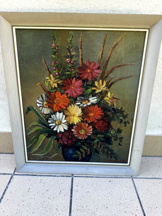 Obraz olejny – bukiet kwiatów, sygnowany T. Turek, 1979 r.