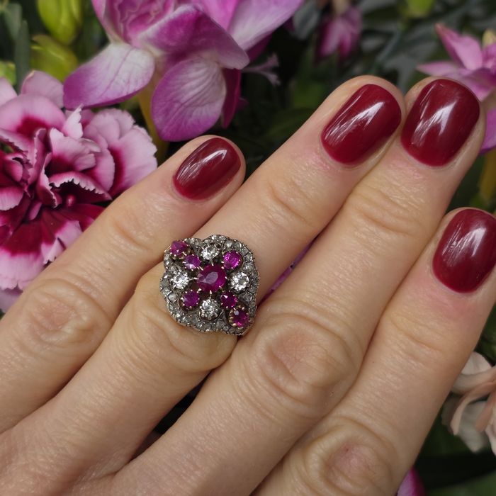 R.15 Pierścionek Antyk 6.41g Rubiny 42 Diamenty 1ct WYCENA 15000zł