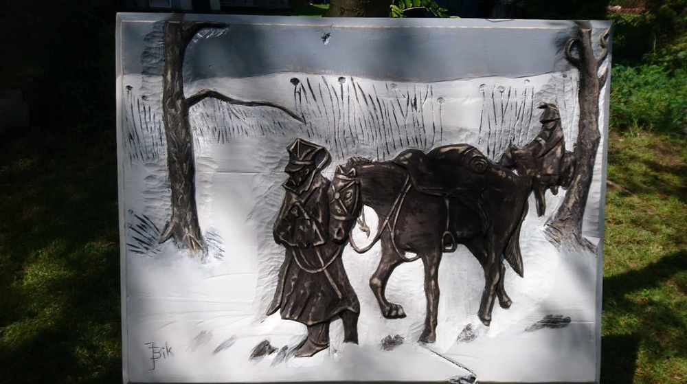 Płaskorzeźba inspirowana obrazem W.Kossaka "W drodze do domu"