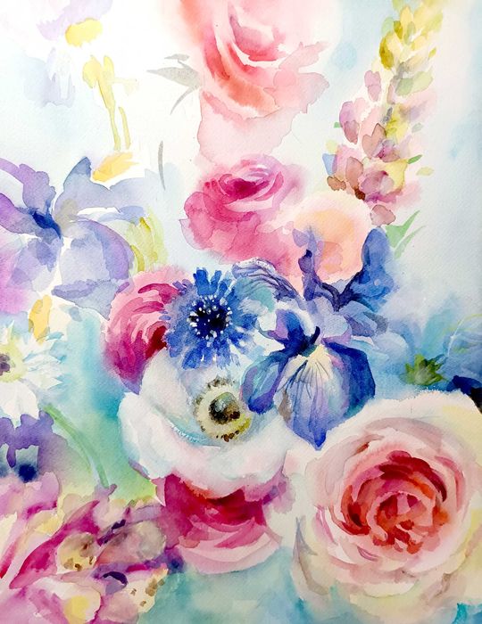 Irysy , Piwonie i inne - Akwarele oryginalne. piękne kwiaty -, A3