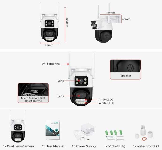 Уличная поворотная камера A33B 8MP с двойным экраном Wifi Ai iCSee