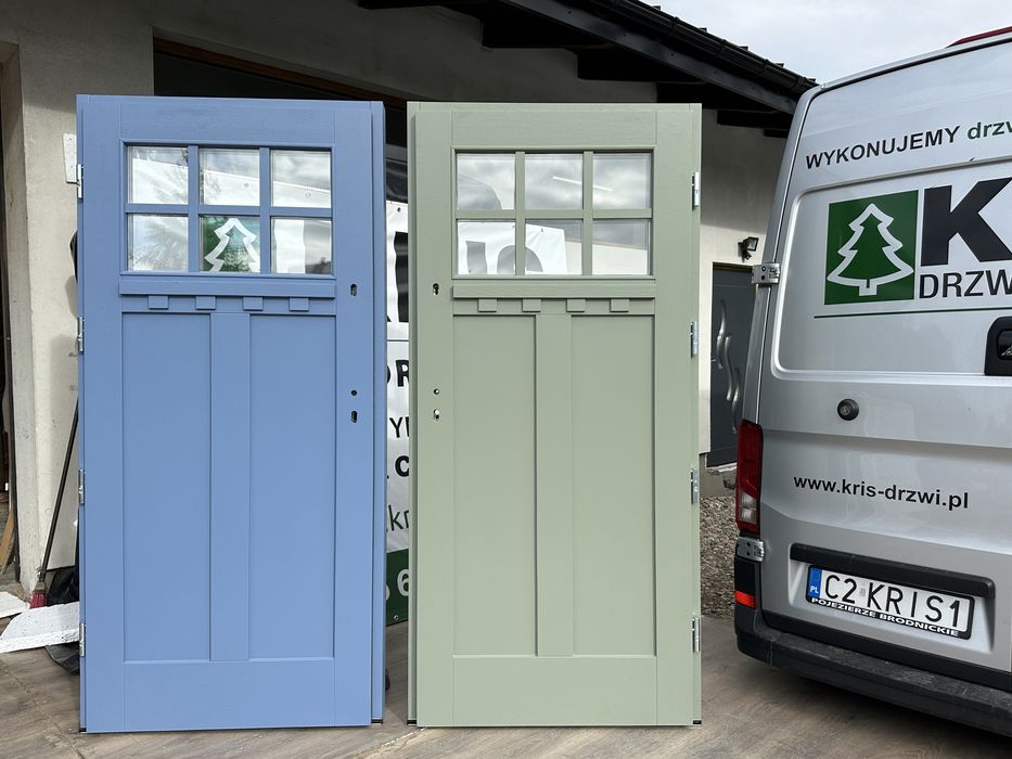 Drzwi zewnętrzne drewniane Amerykańskie NIEBIESKIE ZIELONE RAL7033