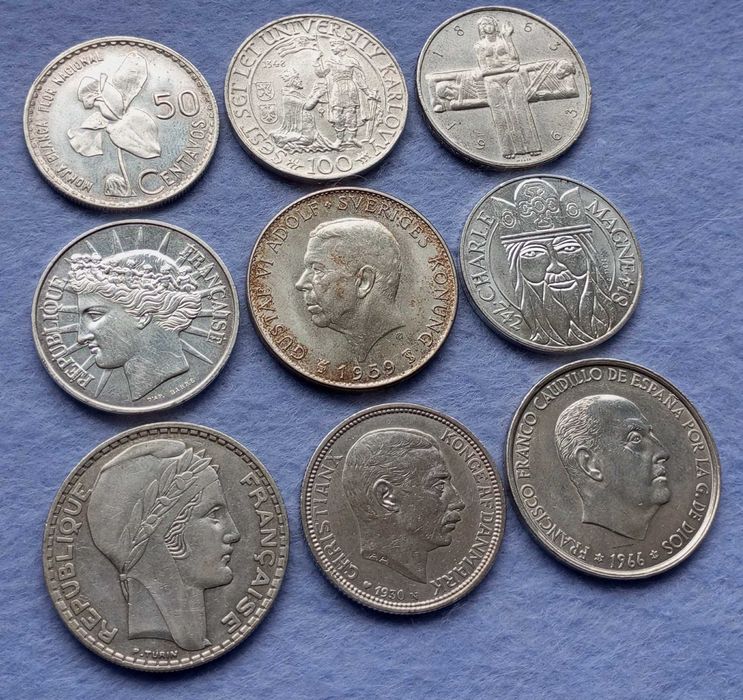 Срібні монети 100 крон 1948, 5 франків 1963, 50 сентаво 1962, 100 франків, 100 песет 1966,  штемпельний блиск