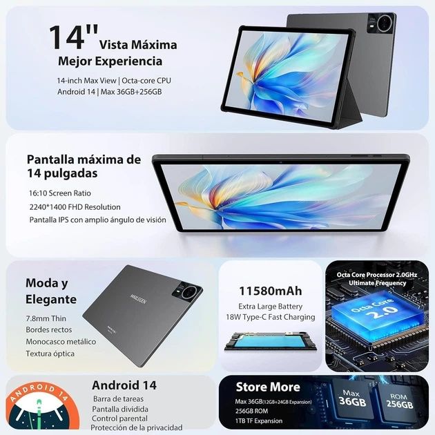 Планшет 14" 2.5K MAXLEGEN M621 12+24/256Gb 4G 2-SIM 8 ядер Android 14 11580 mAh