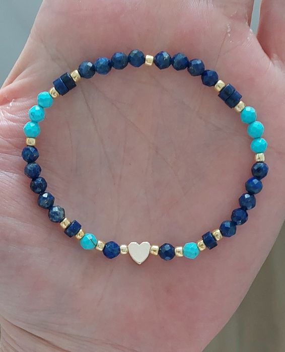 Bransoletka kamienie naturalne Lapis Lazuli turkus hematyt  granatowa niebieska złota serce