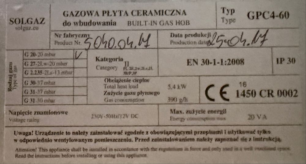 Plyta gazowa ceramiczna Solgaz