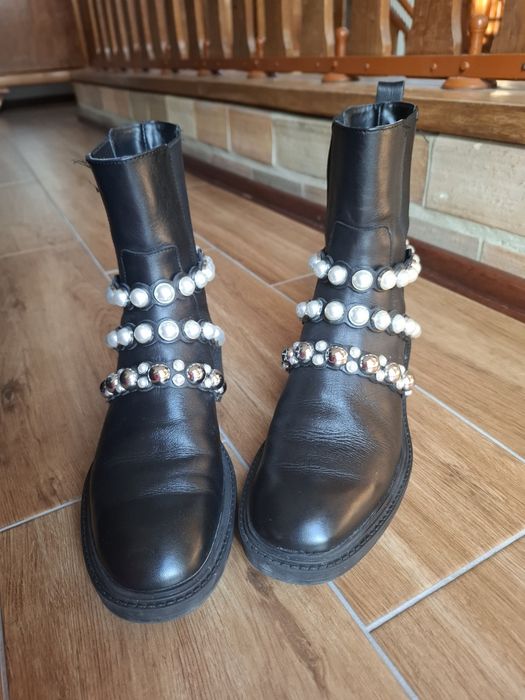 Botki Zara skóra czarne perły 39