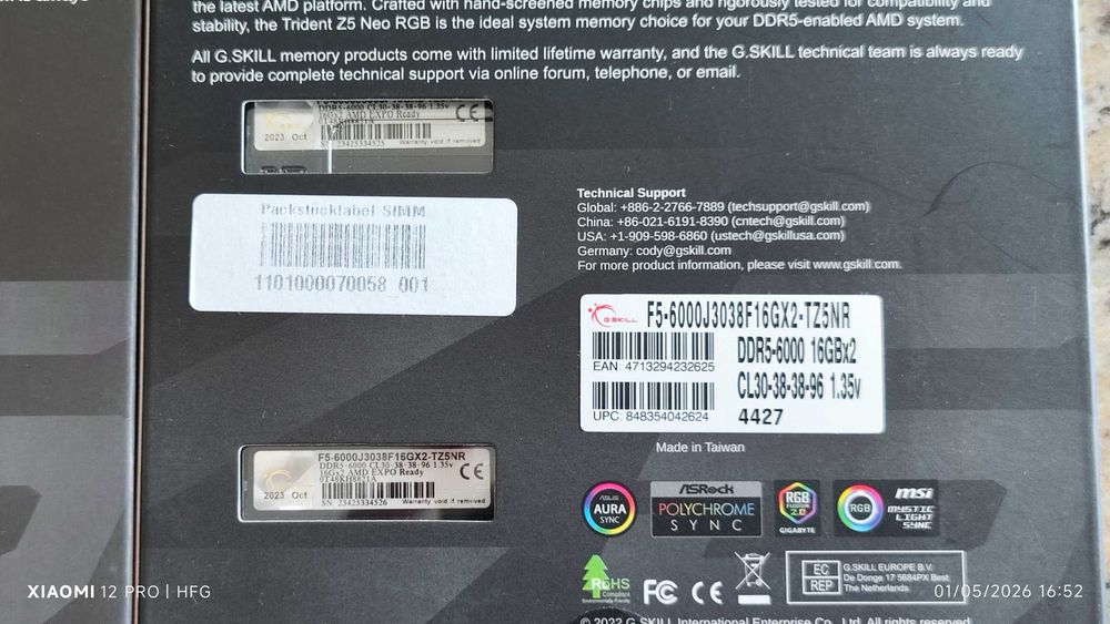 Memória RAM UDIMM G.SKILL Trident Z5 RGB 32GB (2x16GB) DDR5-6000MHz CL30 (30-38-38-96) 1.35V Preta