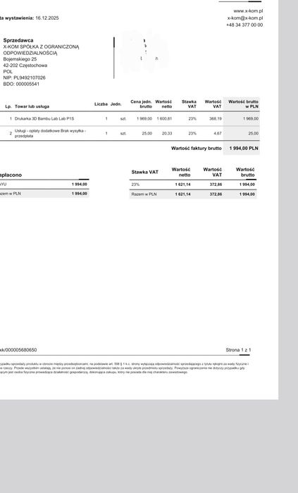 Bambu lab p1s  jak nowy
