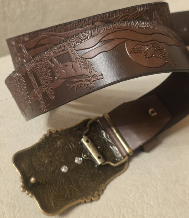 Skórzany pasek myśliwski JELEŃ BYK. Rykowisko. Nowy. 120cm Na prezent.
